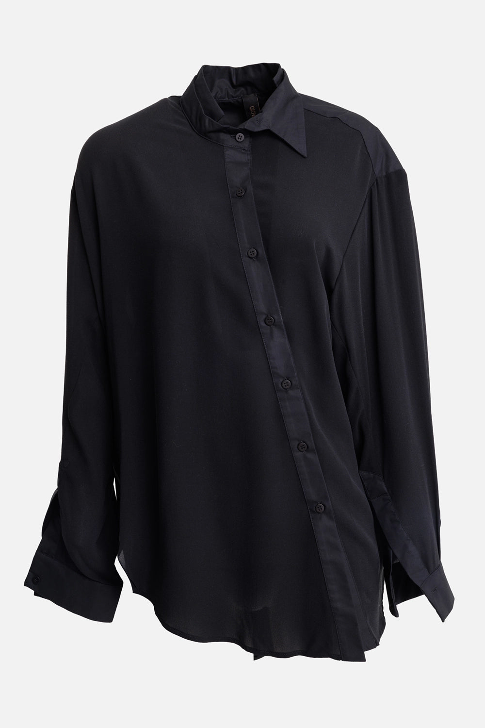 Giovanni Cavagna women's black shirt, front view with asymmetric collar, diagonal button placket and extended cuffs