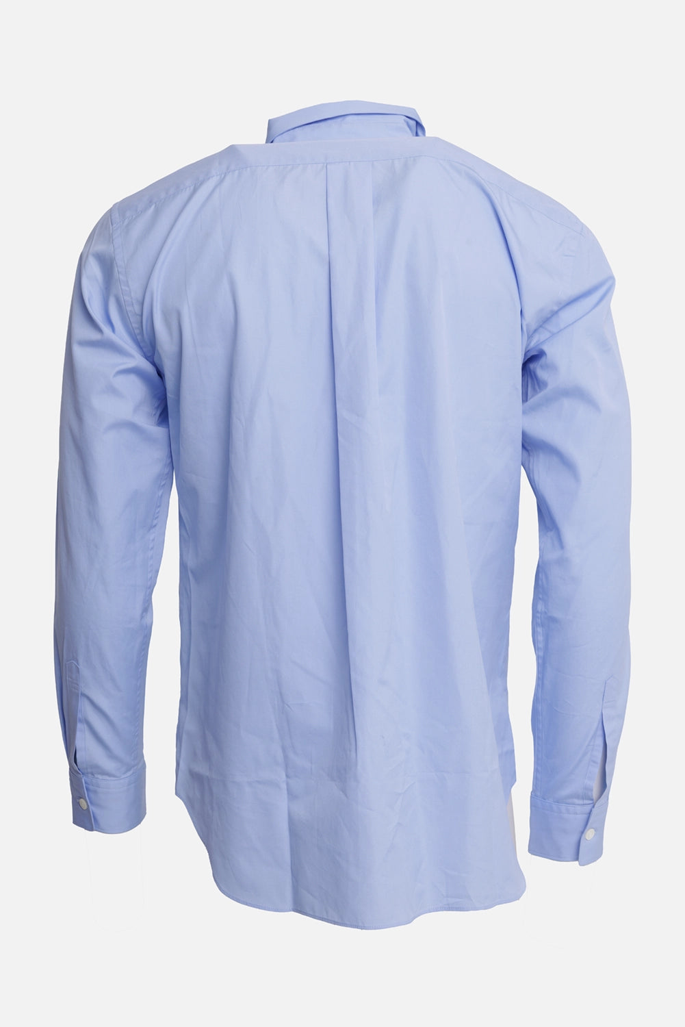 Comme des Garçons Homme Deux men's blue shirt, back view with solid poplin body, yoke and central box pleat