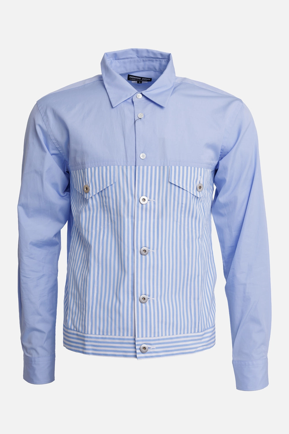 Comme des Garçons Homme Deux men's blue striped shirt, front view with flap chest pockets and mixed buttons