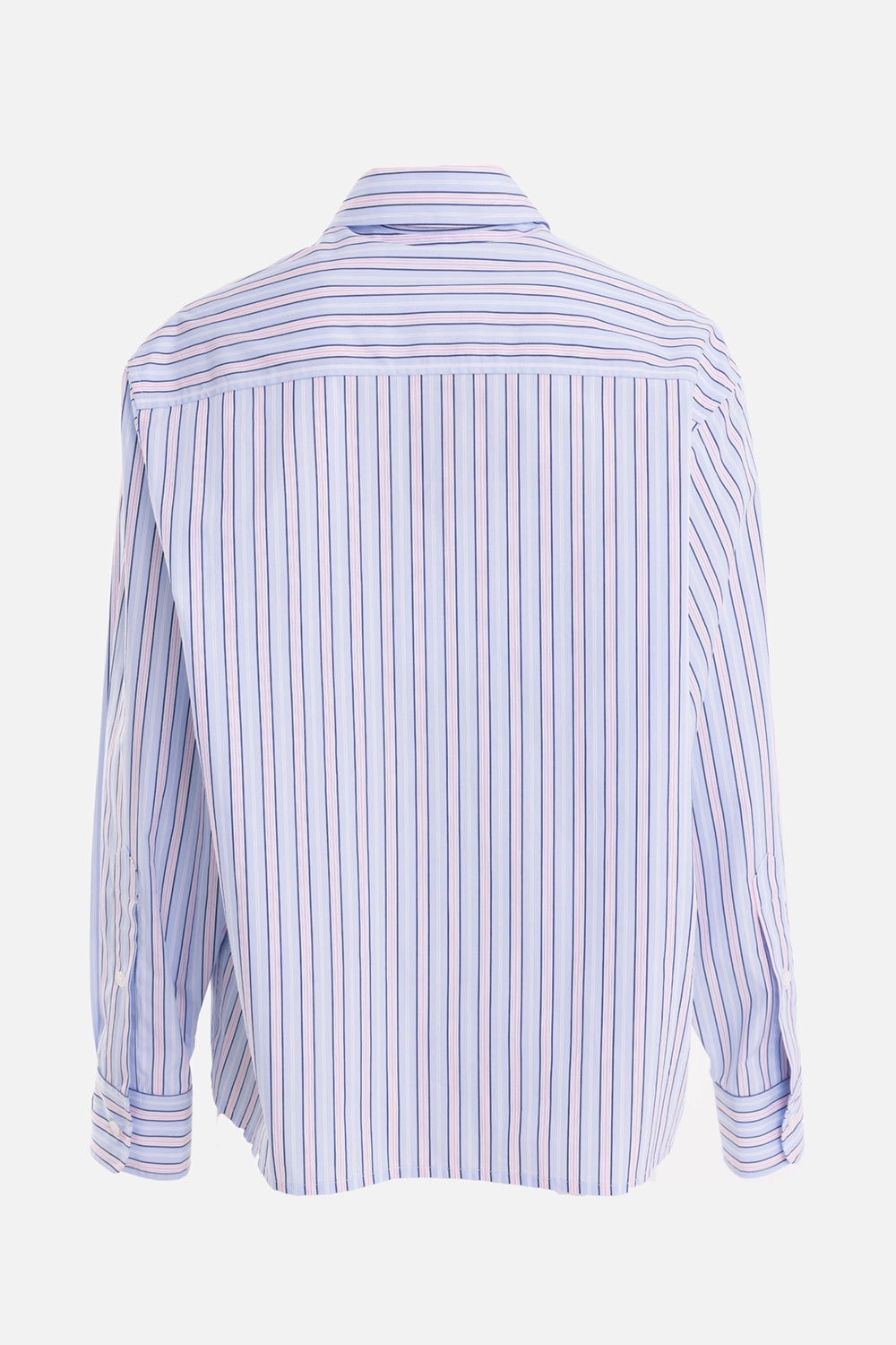Charles Jeffrey Loverboy women's shirt in blueberry, back view with straight yoke and striped button cuffs