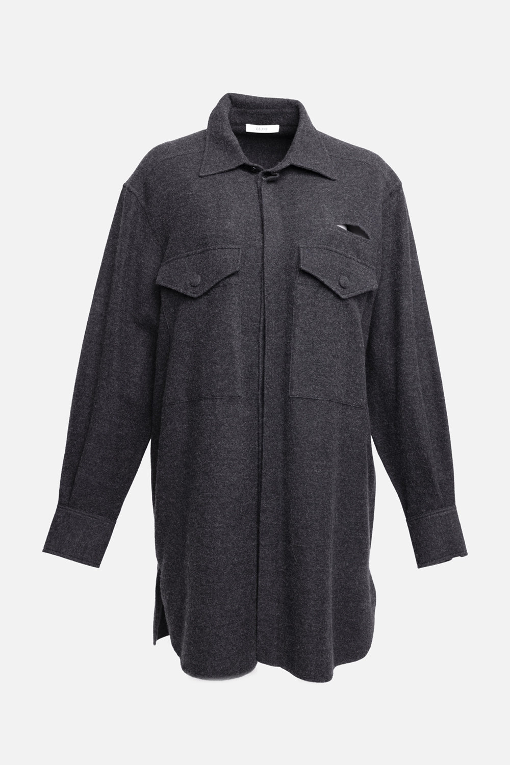 Pre-owned Celine women's long shirt in charcoal grey, front view, two flap chest pockets and point collar
