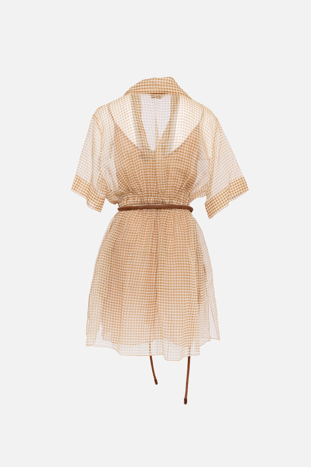 Pre-owned Fendi women's shirt dress in beige check, back view, wide collar and long tie belt ends