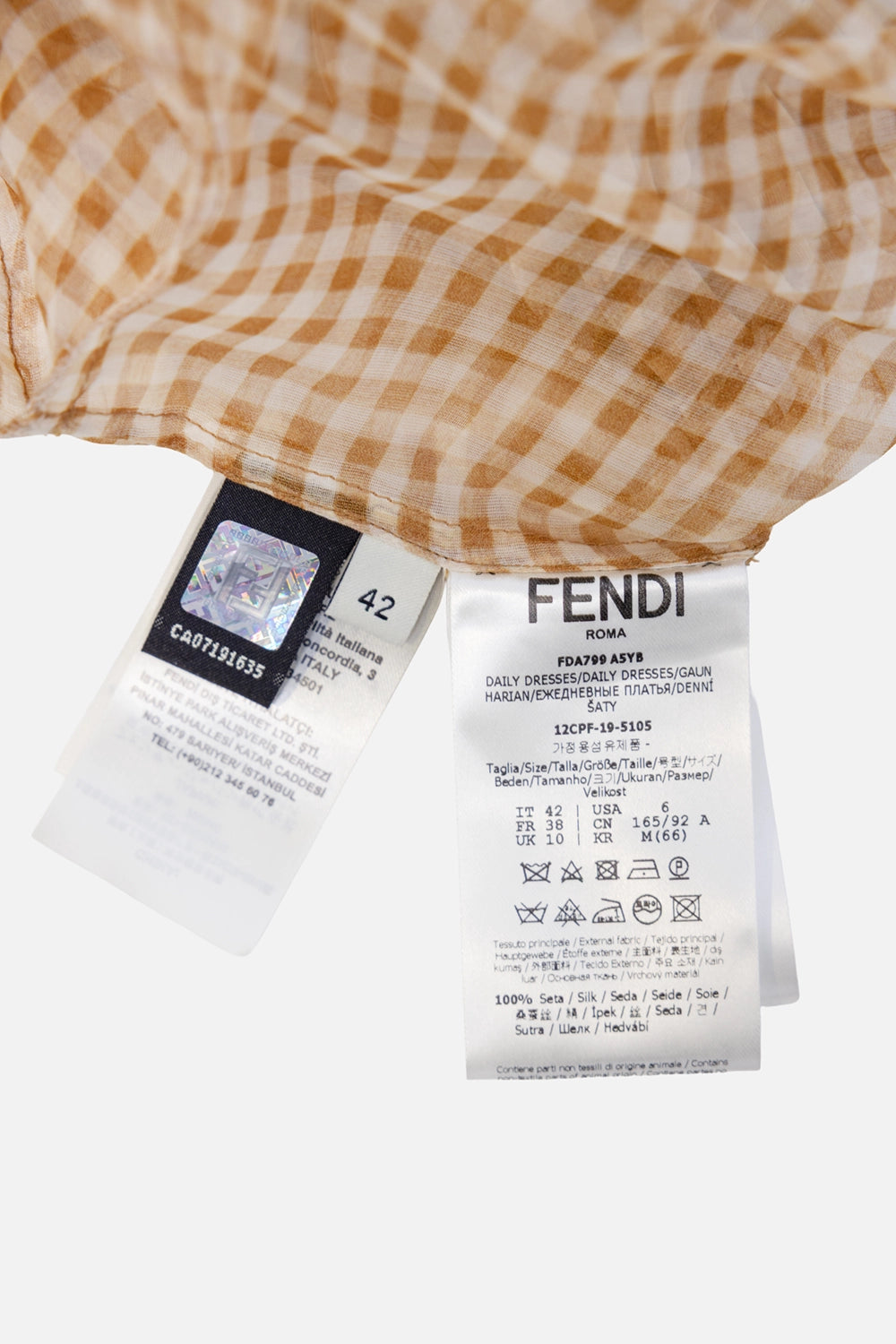 Pre-owned Fendi shirt dress in beige check, label close-up, style code and size tags