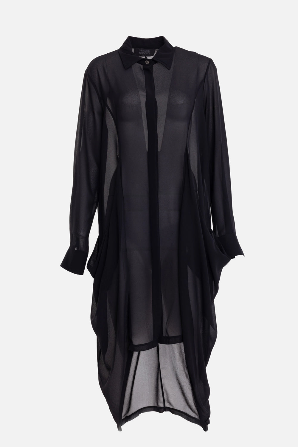 La Haine Inside Us women's shirt dress in black, front view, sheer body with pointed collar and side pockets