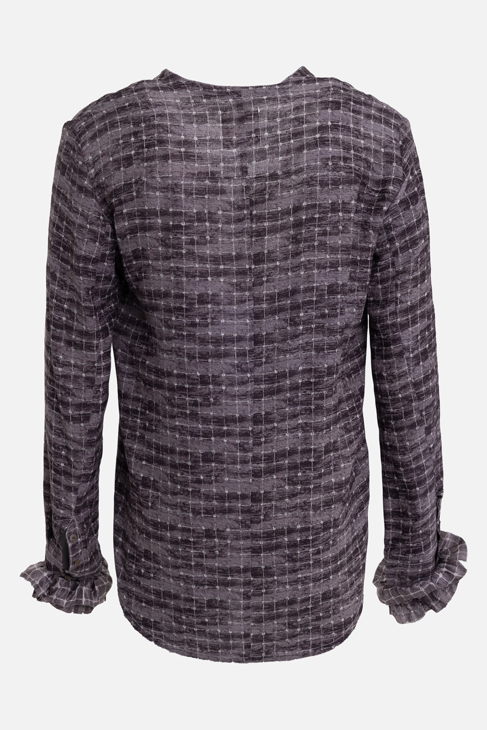 Marc Point men's shirt in dusty plum, back view, grid texture and softly curved hem