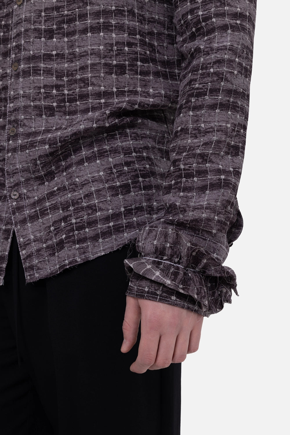 Marc Point men's shirt in dusty plum, cuff detail, gathered ruffle cuff and side hem slit