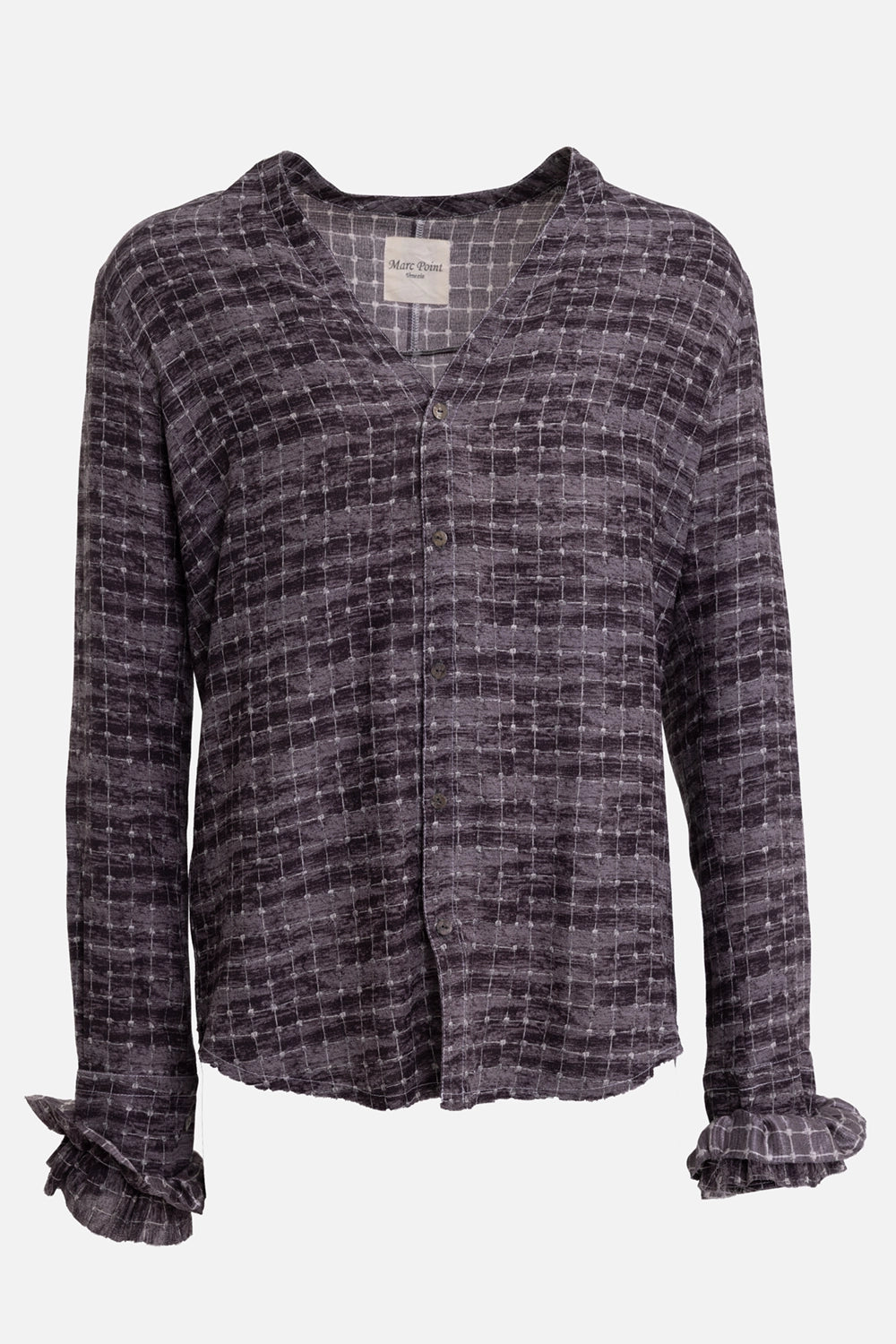 Marc Point men's shirt in dusty plum, front view, deep V neckline and windowpane texture