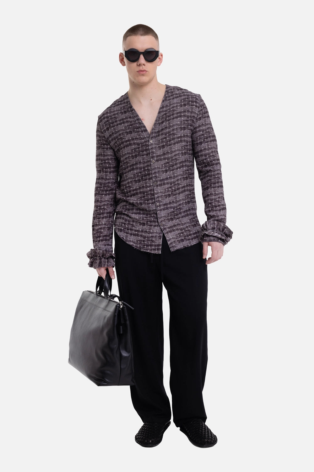 Marc Point men's shirt in dusty plum, on-model full-length view, deep V front and fluid drape