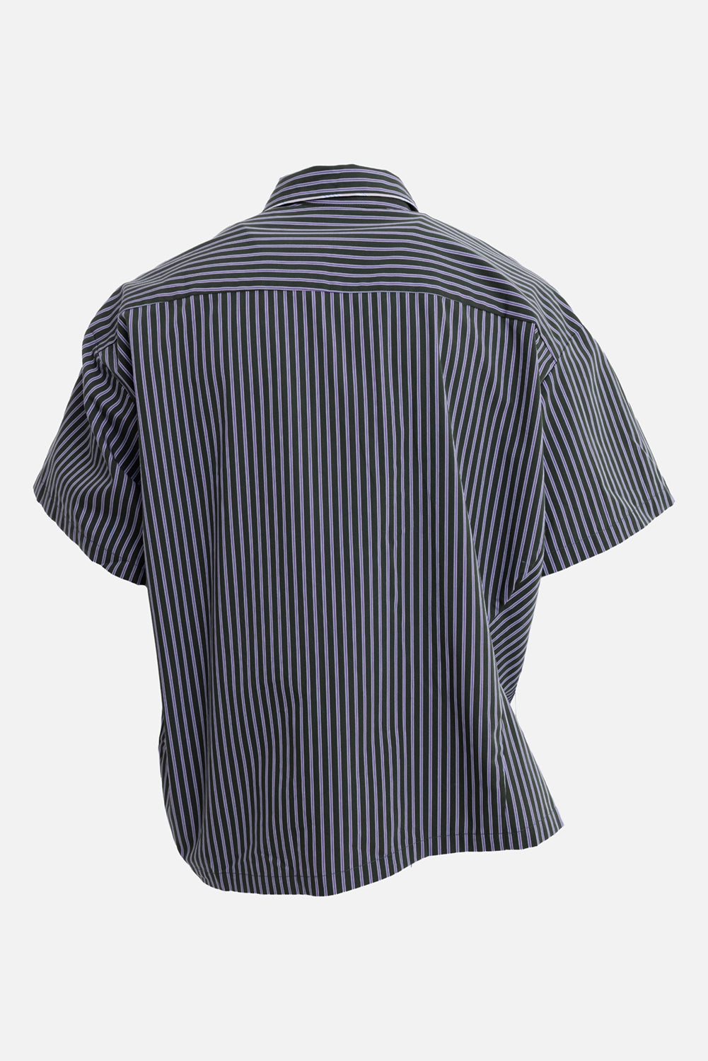 Natasha Zinko men's green striped shirt, back view with vertical stripes and straight shoulder yoke