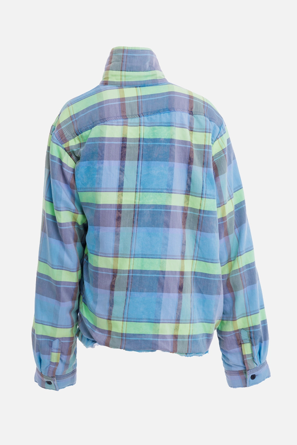 Natasha Zinko women's blue checked shirt jacket, back view with dropped shoulders and buttoned cuffs