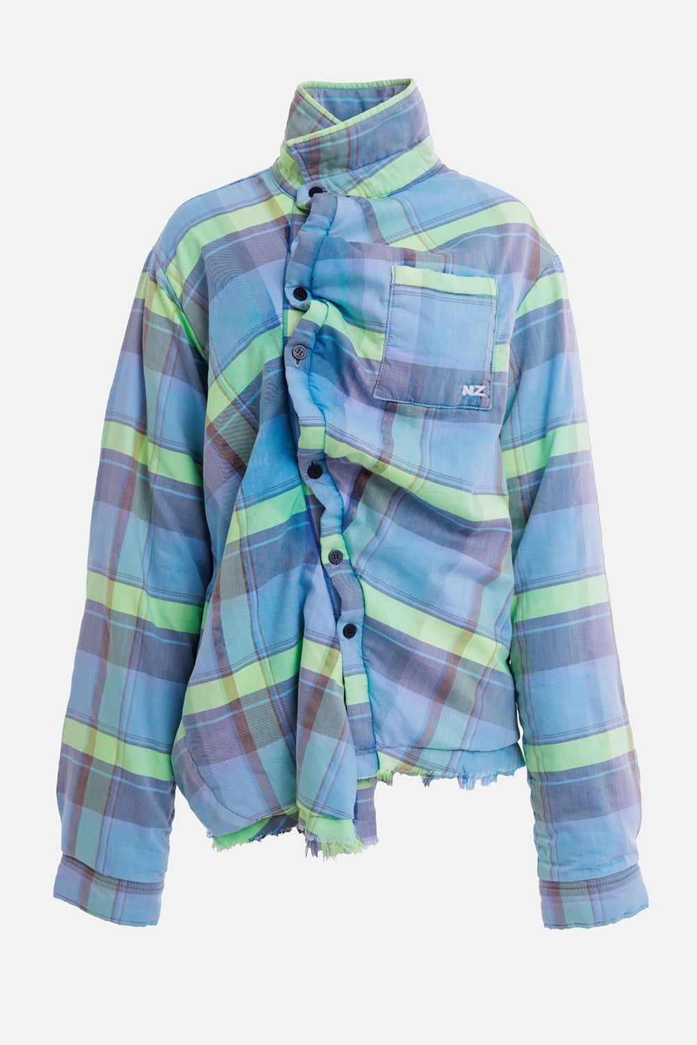 Natasha Zinko women's blue checked shirt jacket, front view with wrap collar and NZ chest pocket