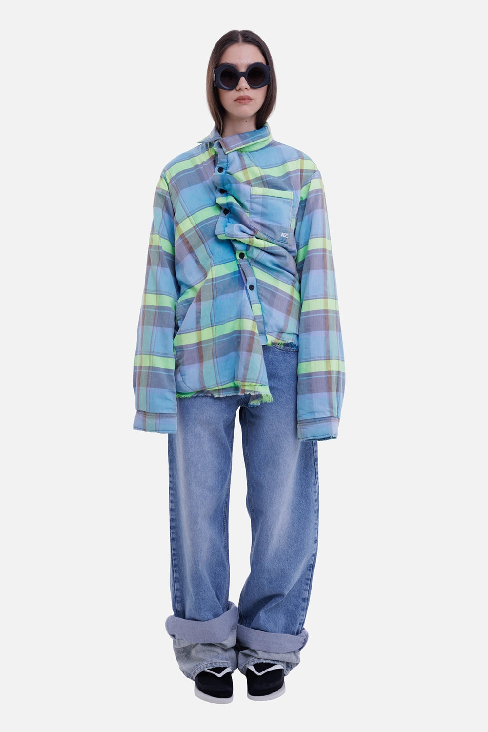 Natasha Zinko women's blue checked shirt jacket, model view with twisted front and frayed hem