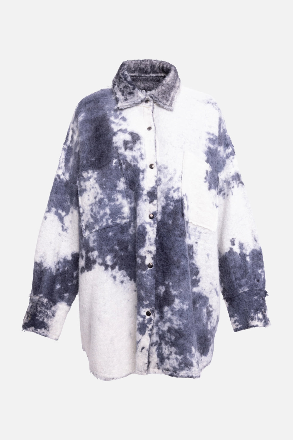 Pre-owned Avant Toi unisex shirt jacket in grey and ivory, front view, marbled felted finish with snap-button closure