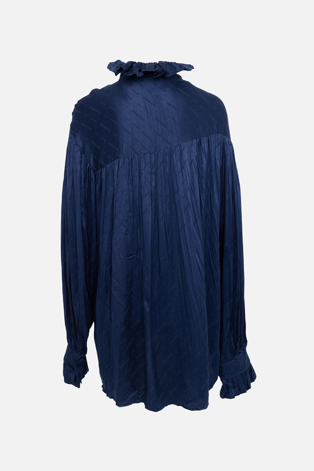 Pre-owned Balenciaga women's shirt in navy, back view, gathered yoke seam and ruffle-trim cuffs.