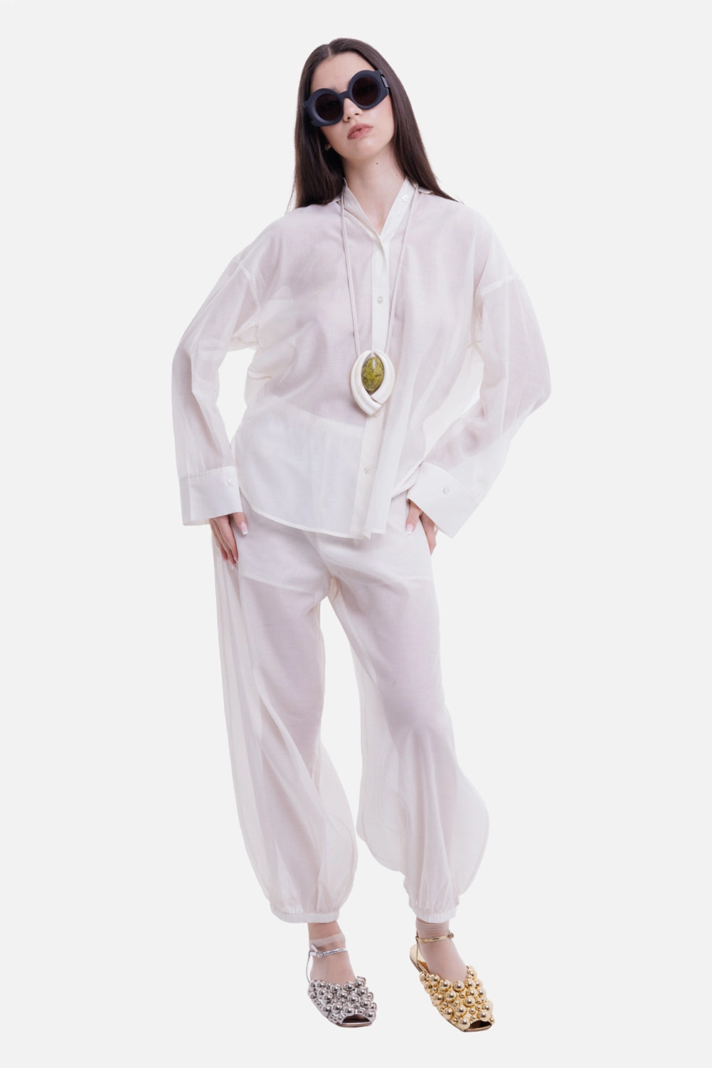 By Malene Birger women's shirt in Soft White, on-model view with sheer fabric and oversized cuffs