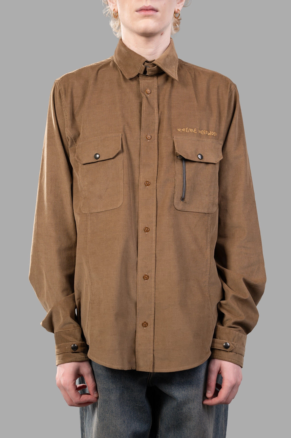 Vivienne Westwood corduroy shirt in Tobacco, front view, dual chest pockets with button flaps