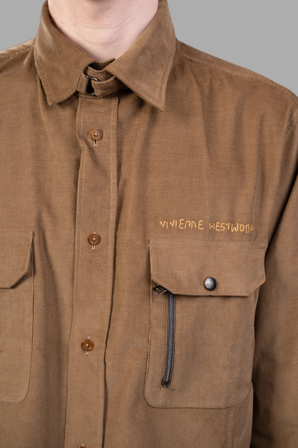 Vivienne Westwood corduroy shirt in Tobacco, logo detail, script embroidery and zipped chest pocket