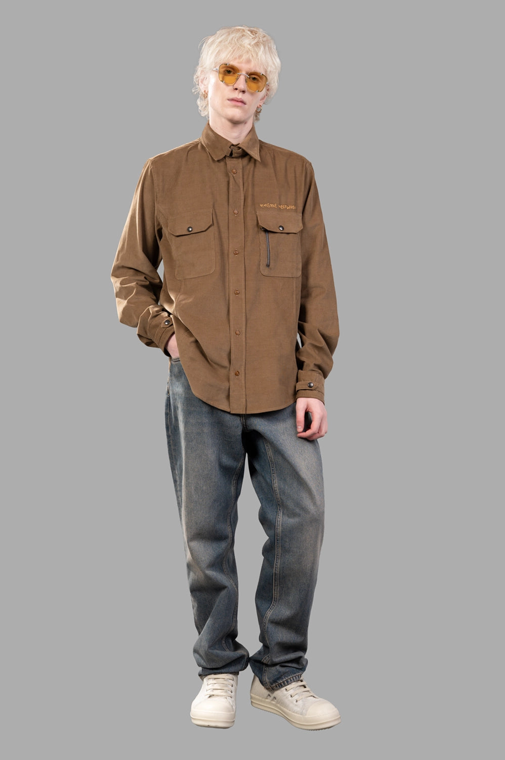 Vivienne Westwood corduroy shirt in Tobacco, on-model full length, two chest pockets and zip detail