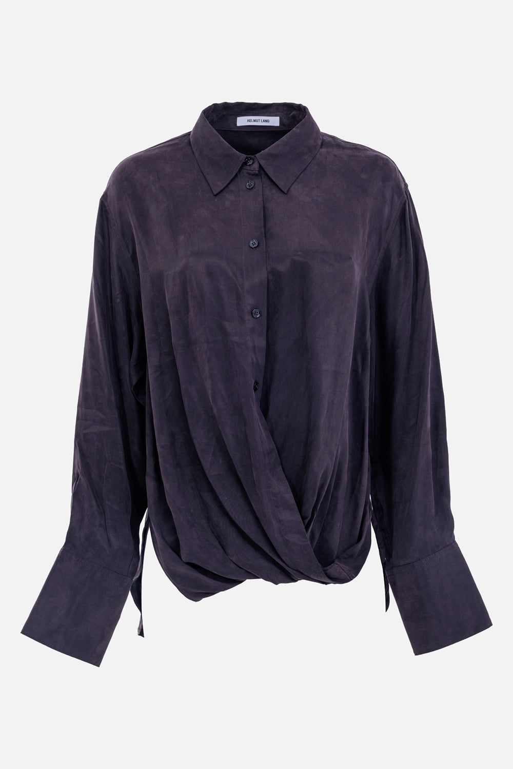 Helmut Lang women's Truffle shirt, front view with gathered drape, pointed collar and wide cuffs