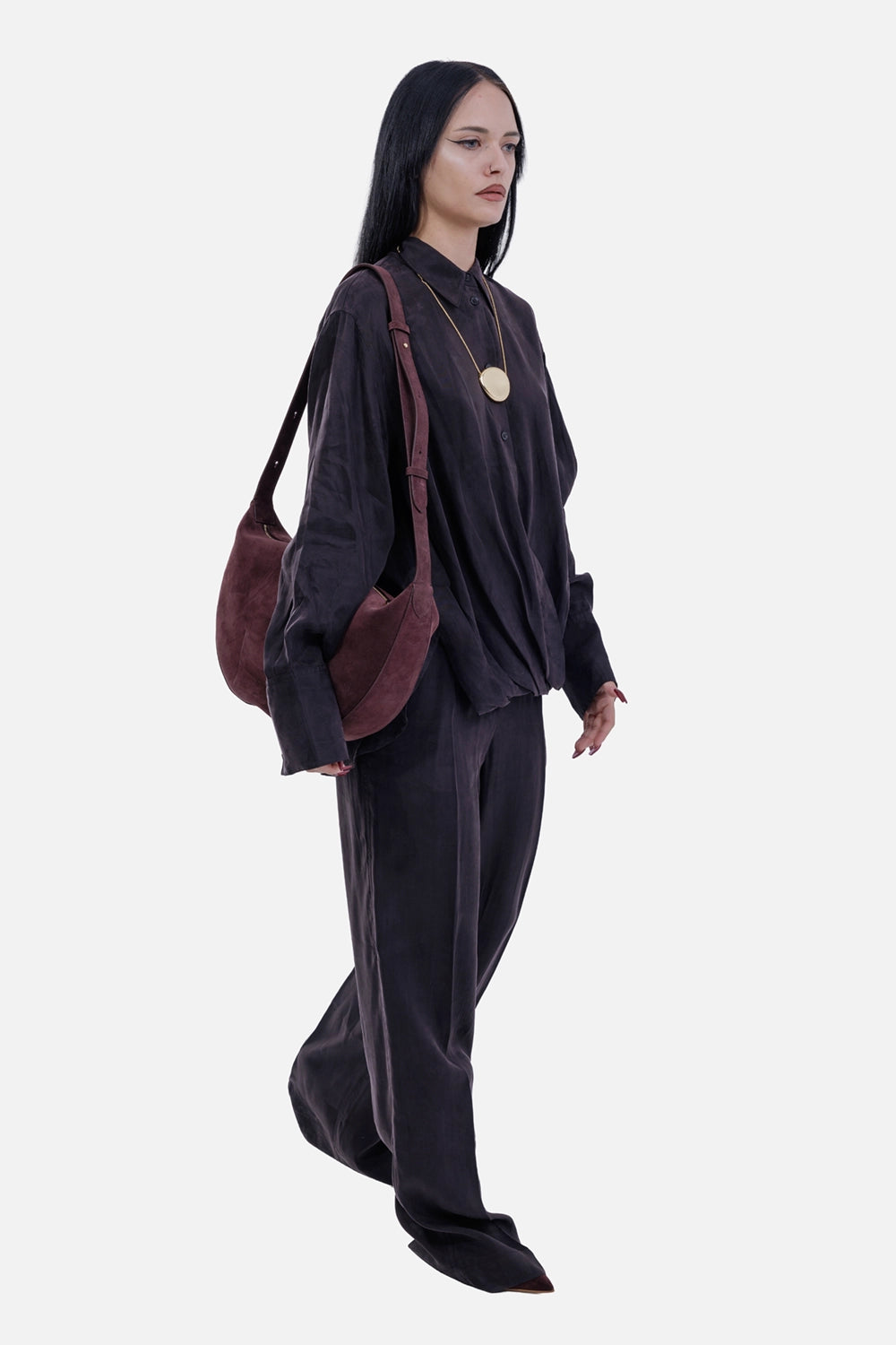 Helmut Lang women's Truffle shirt, full-length model view with fluid wrapped front and oversized cuffs