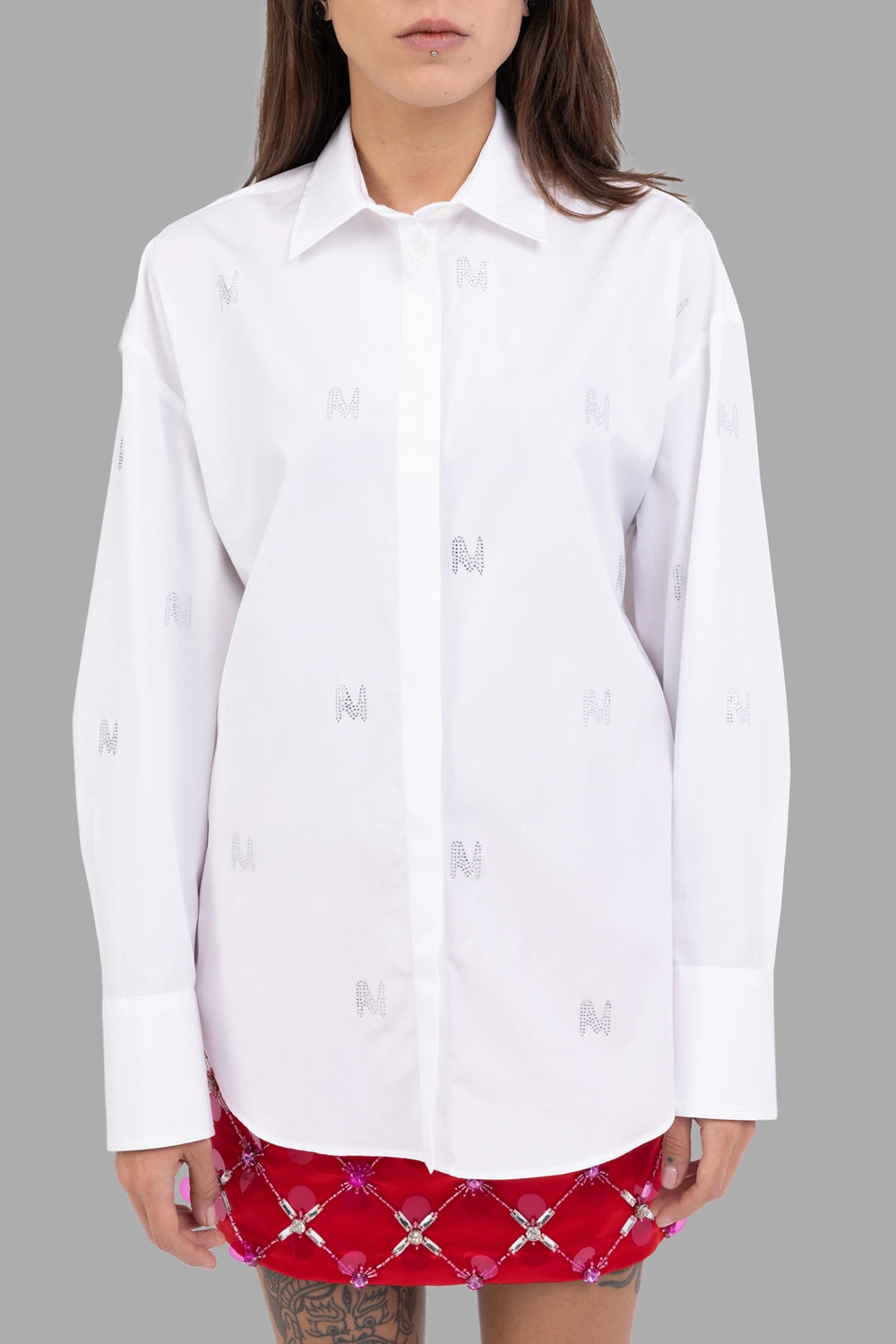 MSGM women's cotton shirt in white, front view, concealed placket and crystal M monograms