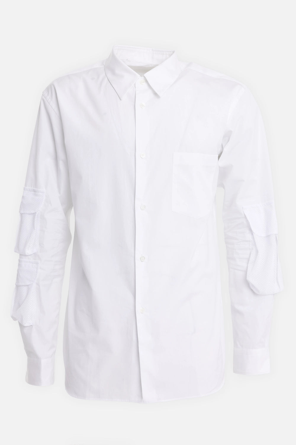 Comme des Garçons Homme Deux men's white shirt, front view, chest pocket and mesh sleeve flap pockets