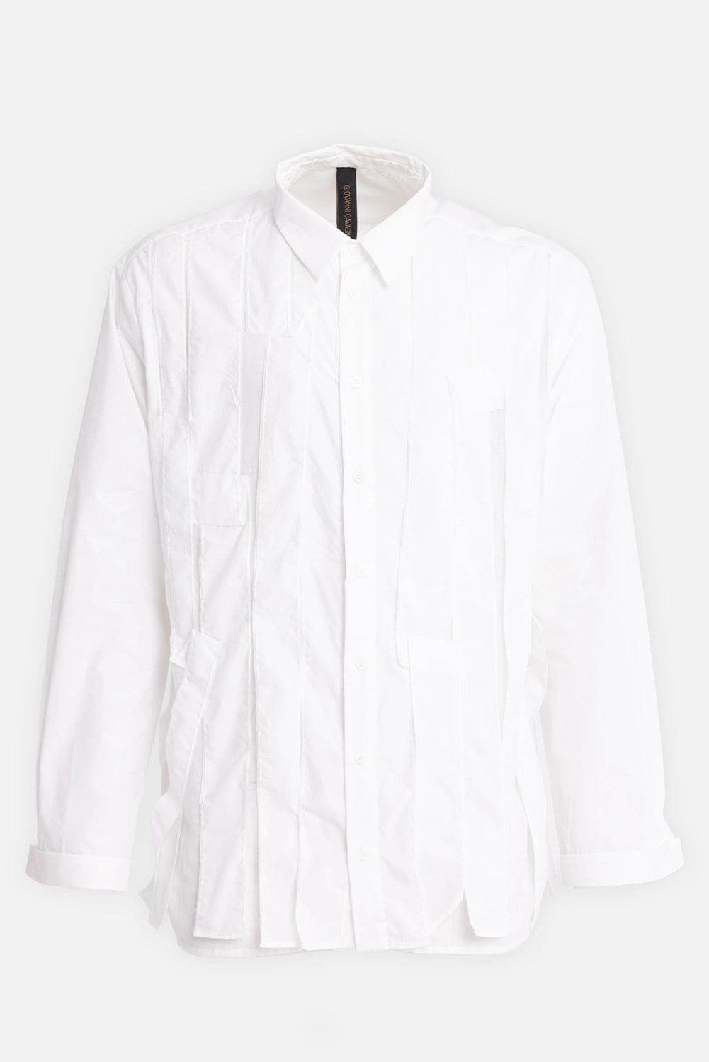 Giovanni Cavagna men's shirt in white, front view, point collar, button placket and hanging panels