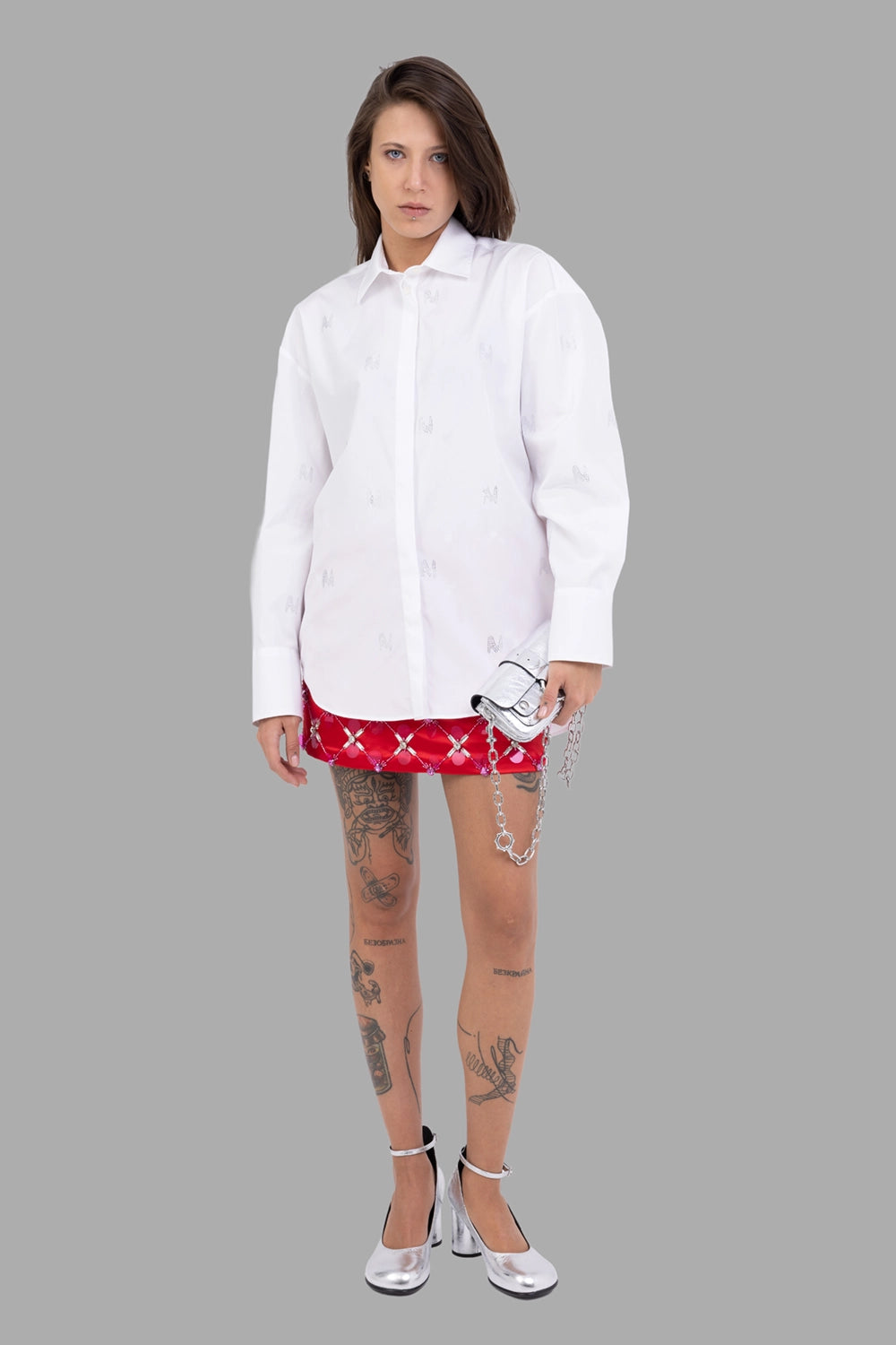 MSGM women's cotton poplin shirt in white, on-model full length, crystal-logo monogram and relaxed fit