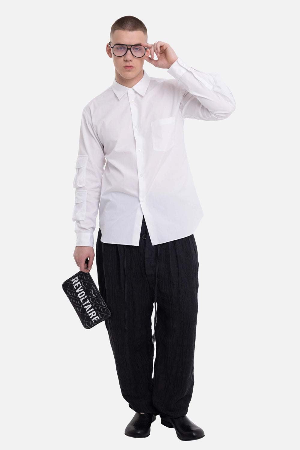 Comme des Garçons Homme Deux men's white shirt, on-model full-length view, mesh sleeve pockets and chest pocket