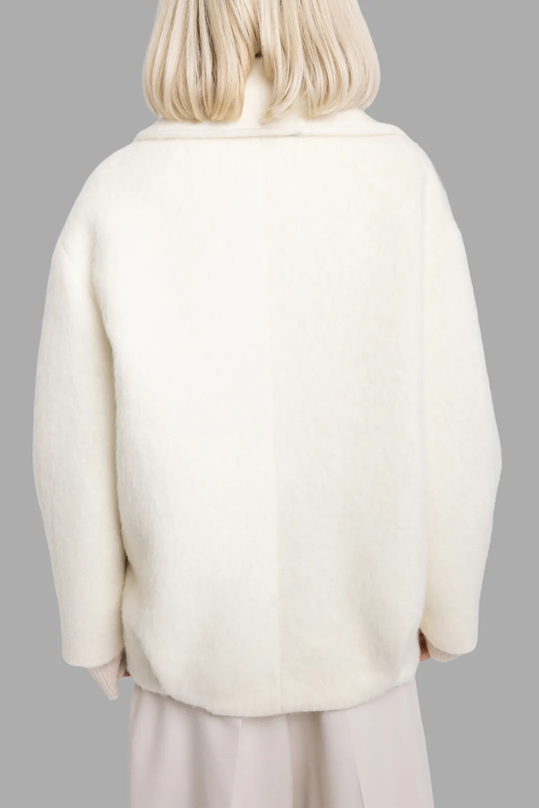 MSGM women's off-white wool-blend short coat, back view, relaxed boxy fit with softly brushed finish.
