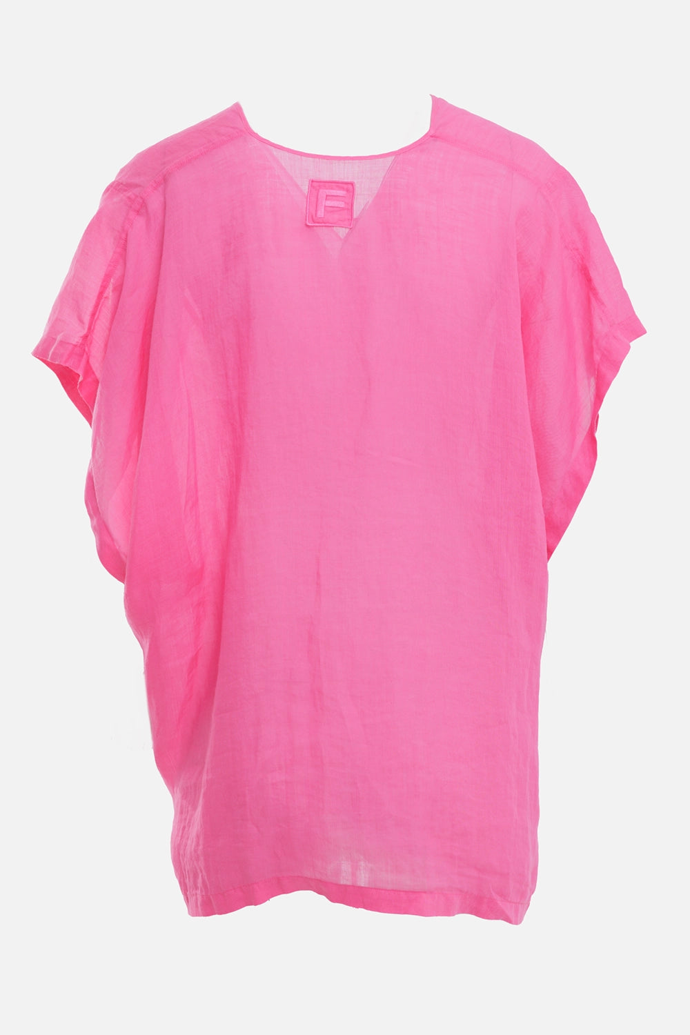 Fisico women's short kaftan top in Fragola, back view, V-back neckline and tonal logo patch