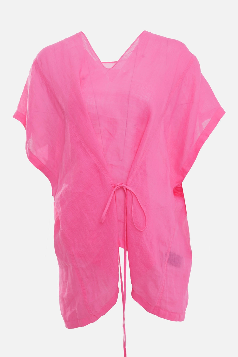 Fisico women's short kaftan top in Fragola, front view, sheer wrap front and long tie closure