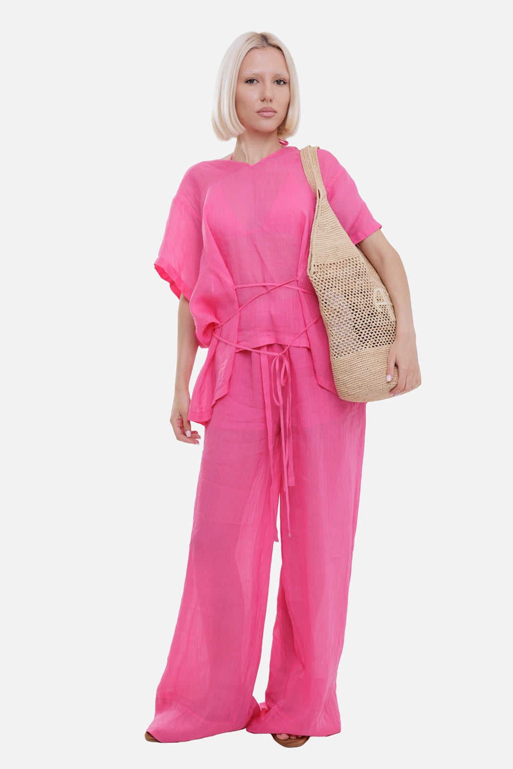 Fisico women's short kaftan top in Fragola, on-model full length, crossed ties and sheer matching trousers