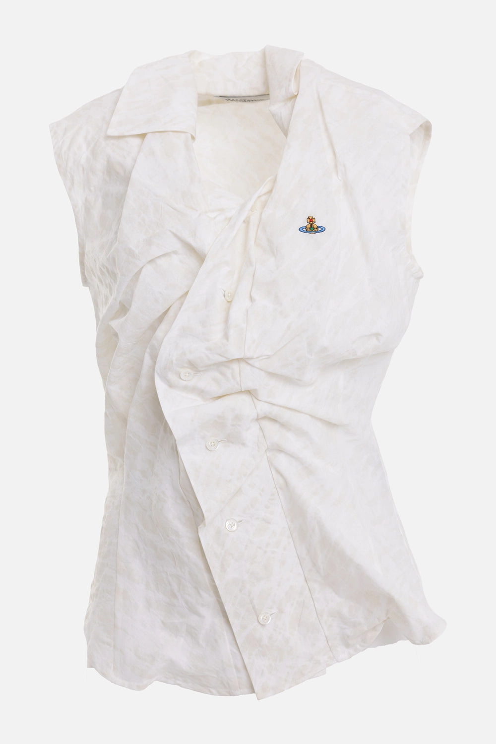 Vivienne Westwood women's Drunken shirt in Stained White, front view, draped placket and embroidered Orb