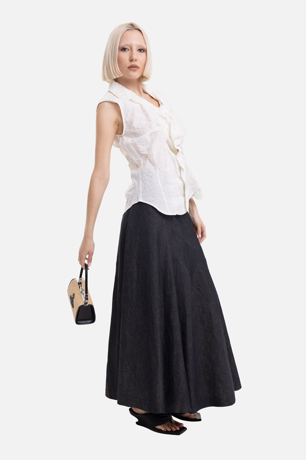 Vivienne Westwood women's Drunken shirt in Stained White, on-model full-length view, asymmetric hem and front drape