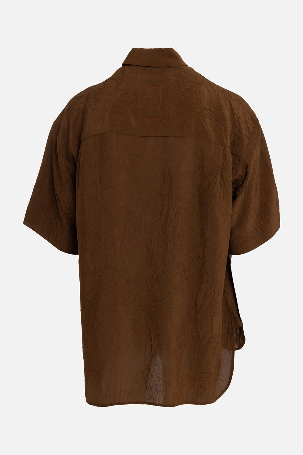 Uma Wang men's mustard short-sleeve shirt, back view, square stitched nape detail and dropped hem