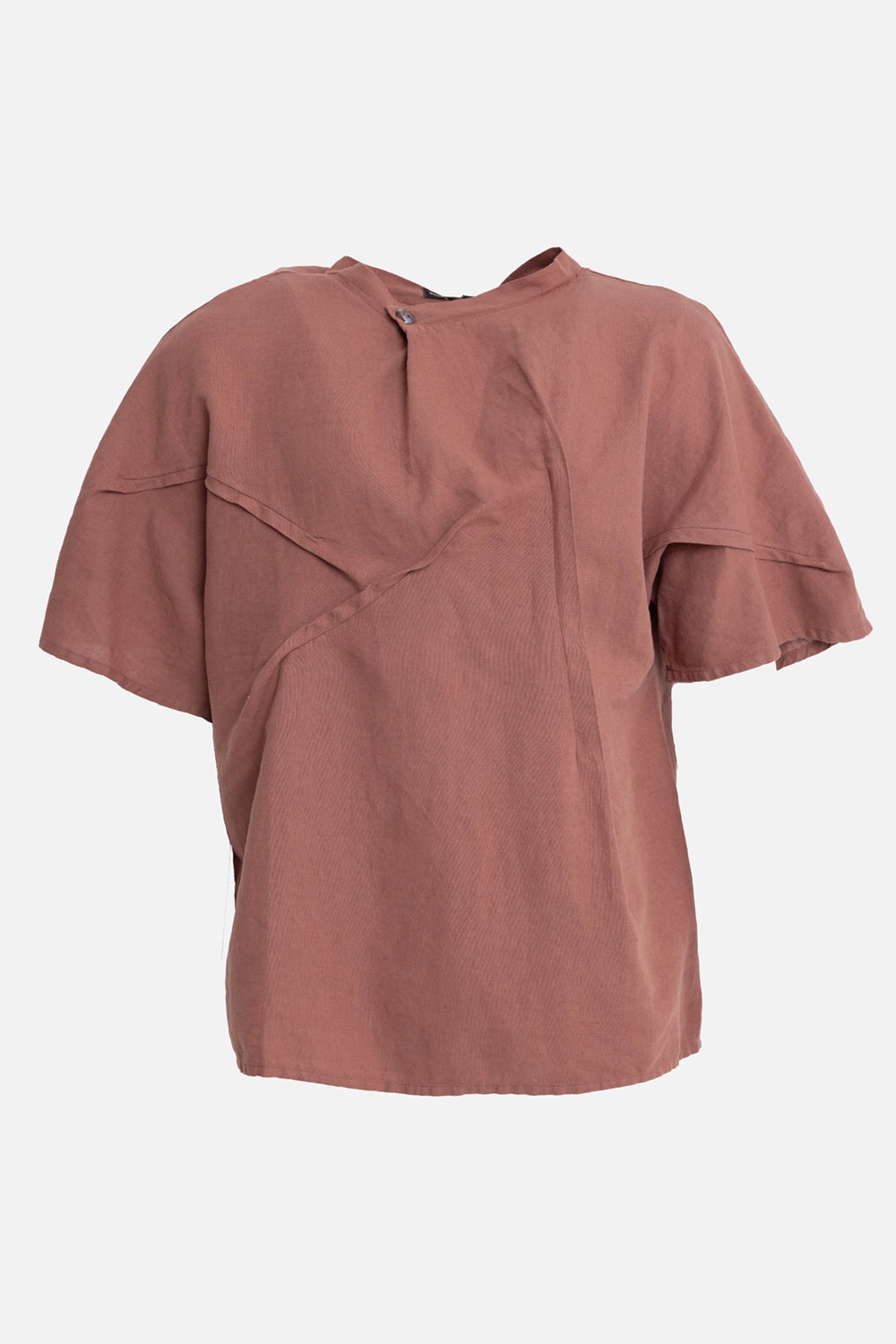 Vuscichè men's short-sleeve shirt in rust brown, front view, stand collar and curved overlay