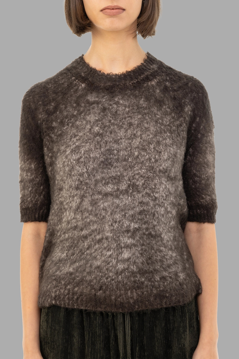 Avant Toi women's short-sleeve sweater in brown, front view, crew neck and plush brushed knit