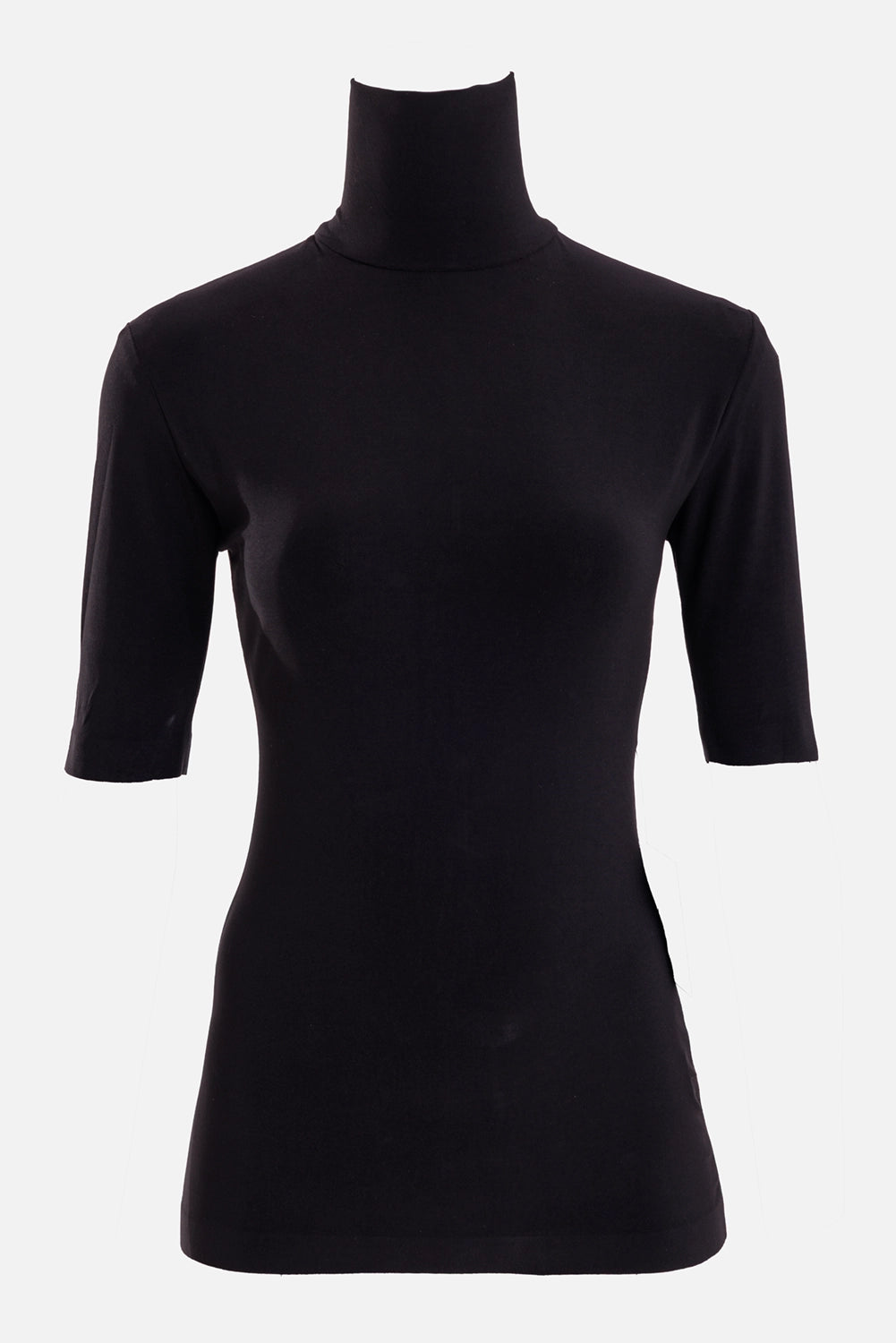 Norma Kamali women's turtleneck top in black, front view with high neck, elbow sleeves and smooth jersey