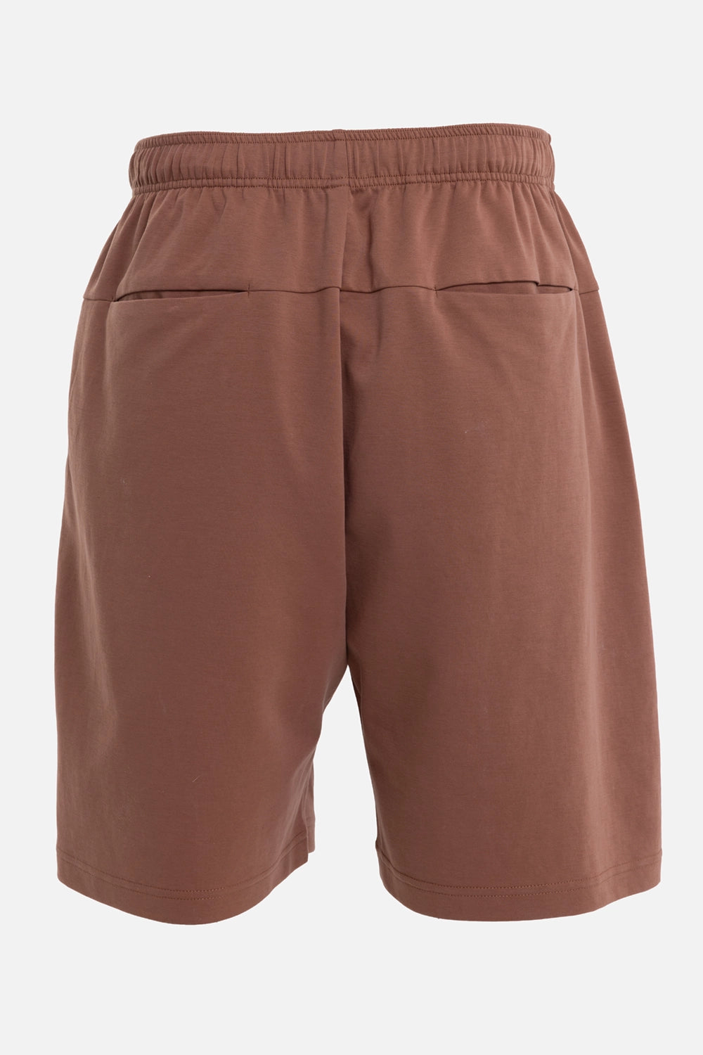 Attachment men's brown shorts, back view, clean rear pockets and elasticated waistband