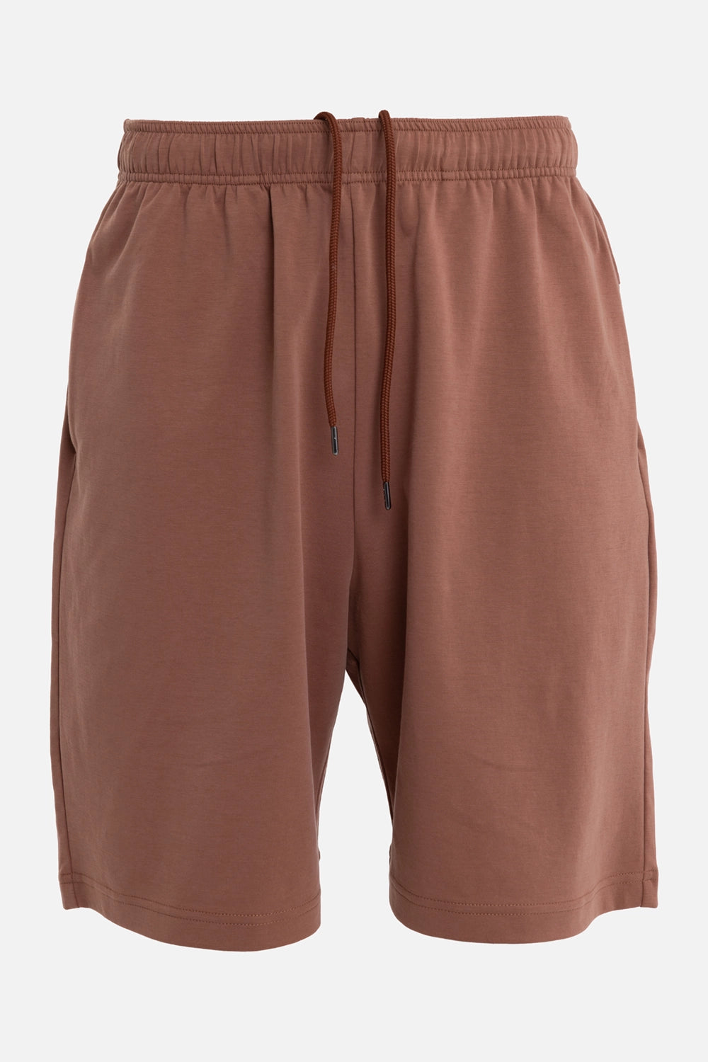 Attachment men's brown shorts, front view, elasticated drawstring waistband and smooth jersey finish