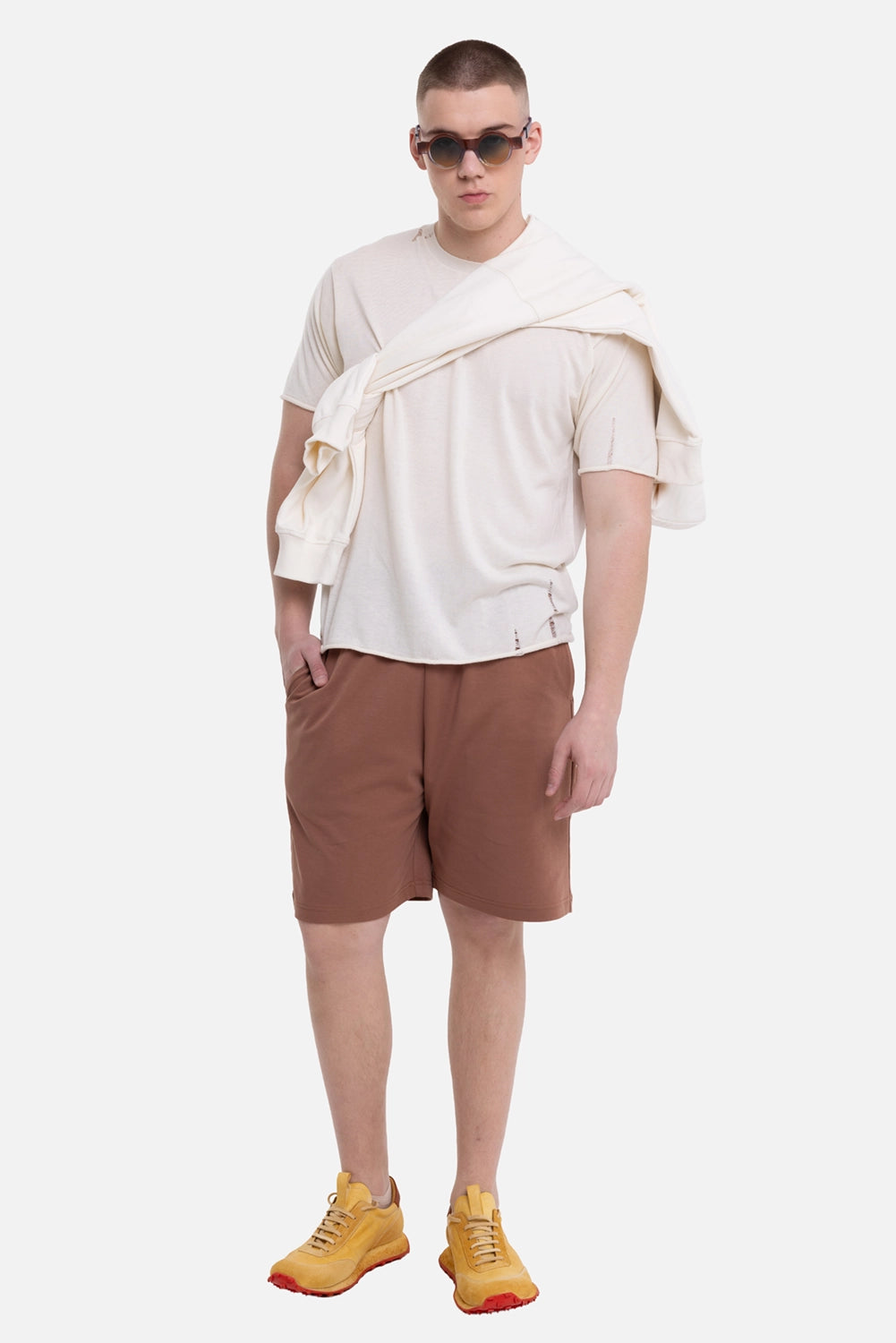Attachment men's brown shorts, on-model full-length view, relaxed fit and knee-length leg