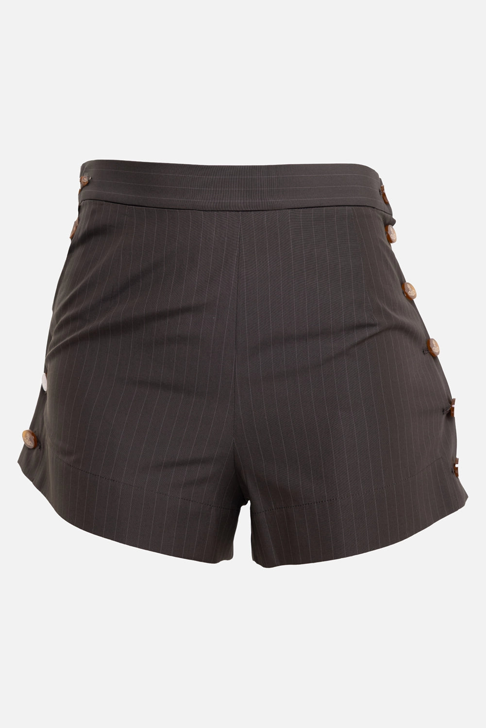 Vivienne Westwood women's shorts in dark khaki, 3/4 view, fine pinstripes and clean waistband