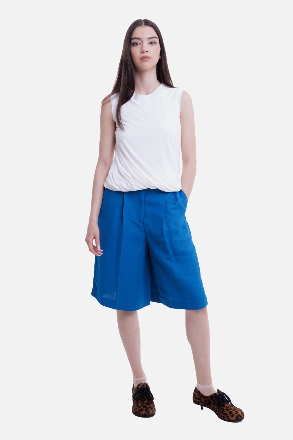JOSEPH women's shorts in Siam Blue, on-model full-length view with wide legs and pressed front pleats