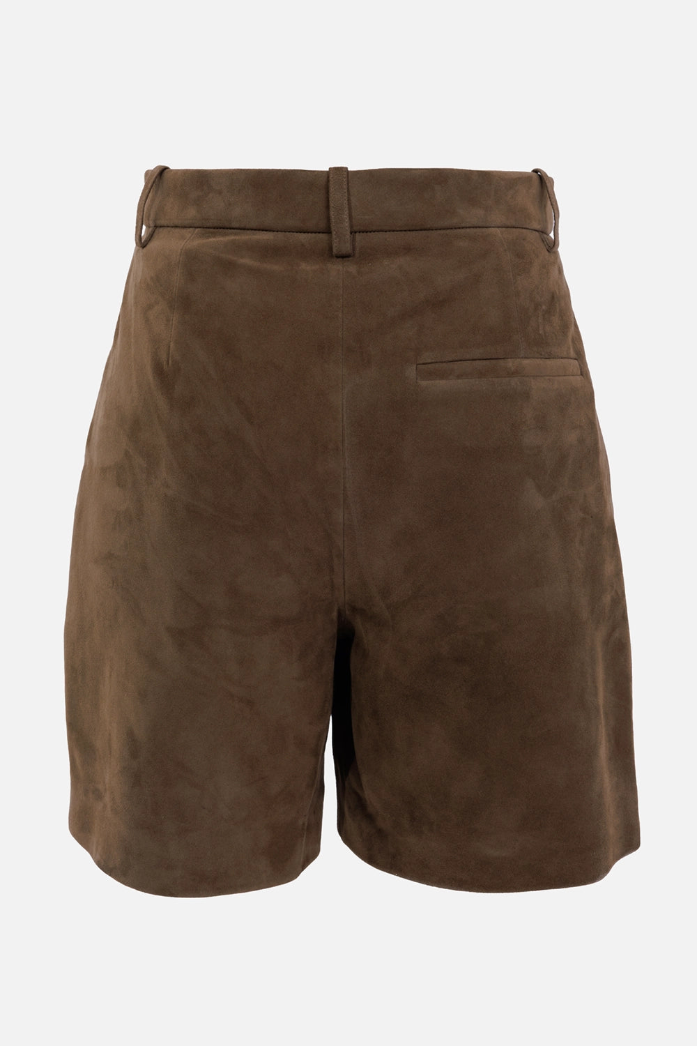 Joseph women's suede shorts in Taupe, back view, belt loops and single welt pocket