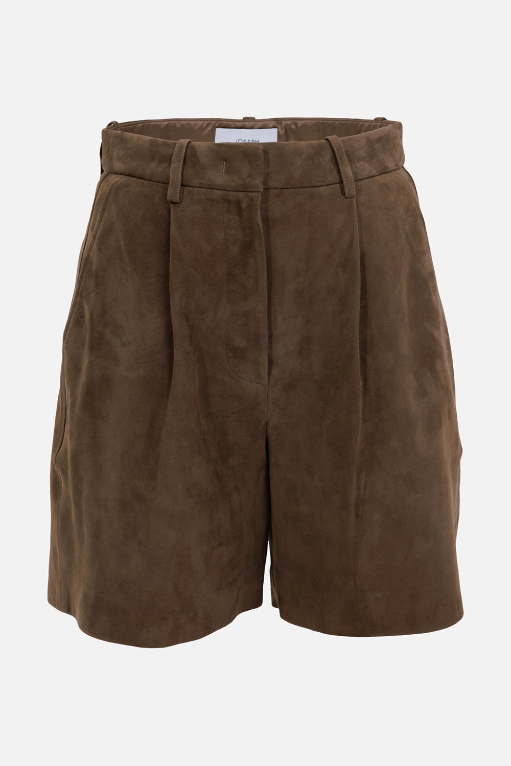 Joseph women's suede shorts in Taupe, front view, pleated waist, belt loops and concealed fastening