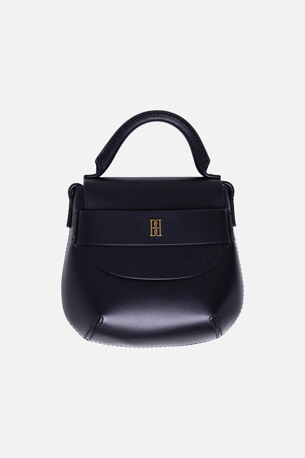 By Malene Birger women’s shoulder bag in black, front view, gold-tone monogram on flap with curved base