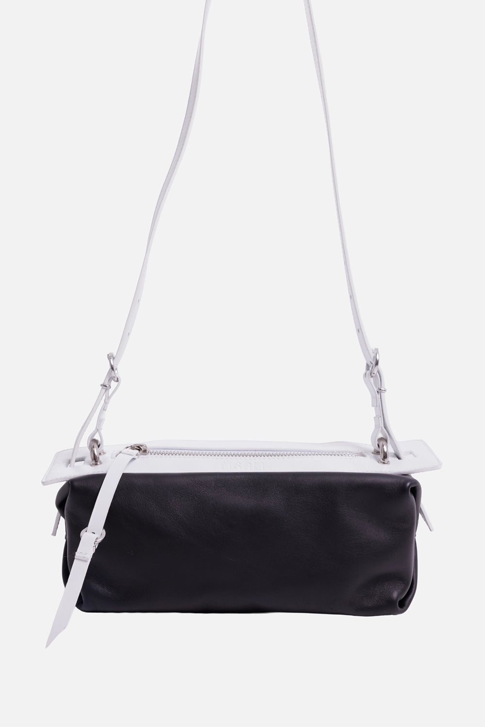 MSGM women's shoulder bag in black and white, front view with top zip, slim strap and silver-tone hardware