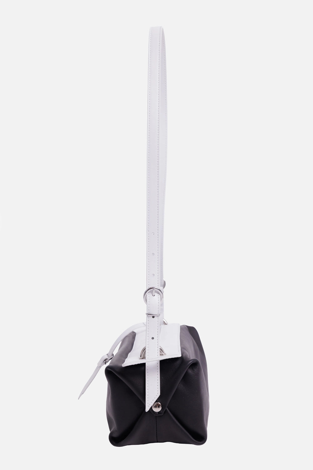 MSGM women's shoulder bag in black and white, side view with folded body and adjustable white strap