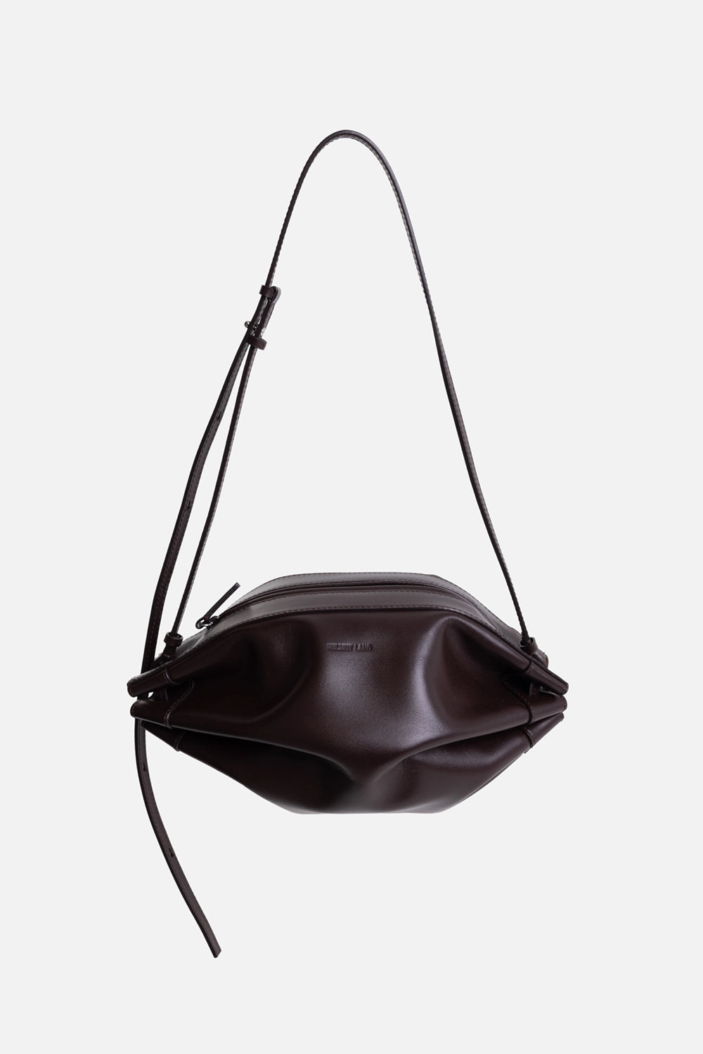 Helmut Lang women's shoulder bag in mahogany, front view, stamped logo and rounded gathered body